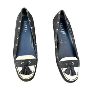 Lauren Ralph Lauren Women's Gael Wedge Leather‎ Loafers Size 9 Black Cream